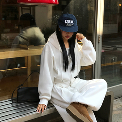 【起毛】クロップフードジップアップ(6color) WHITE