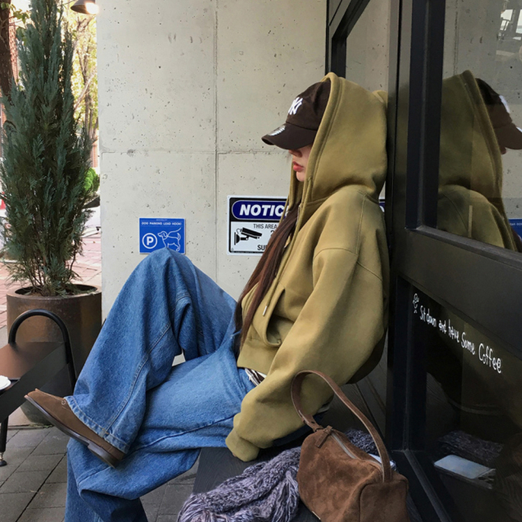 【起毛】クロップフードジップアップ(6color) OLIVE