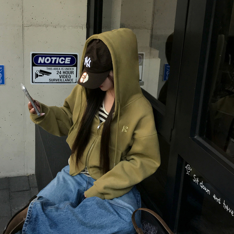 【起毛】クロップフードジップアップ(6color) OLIVE