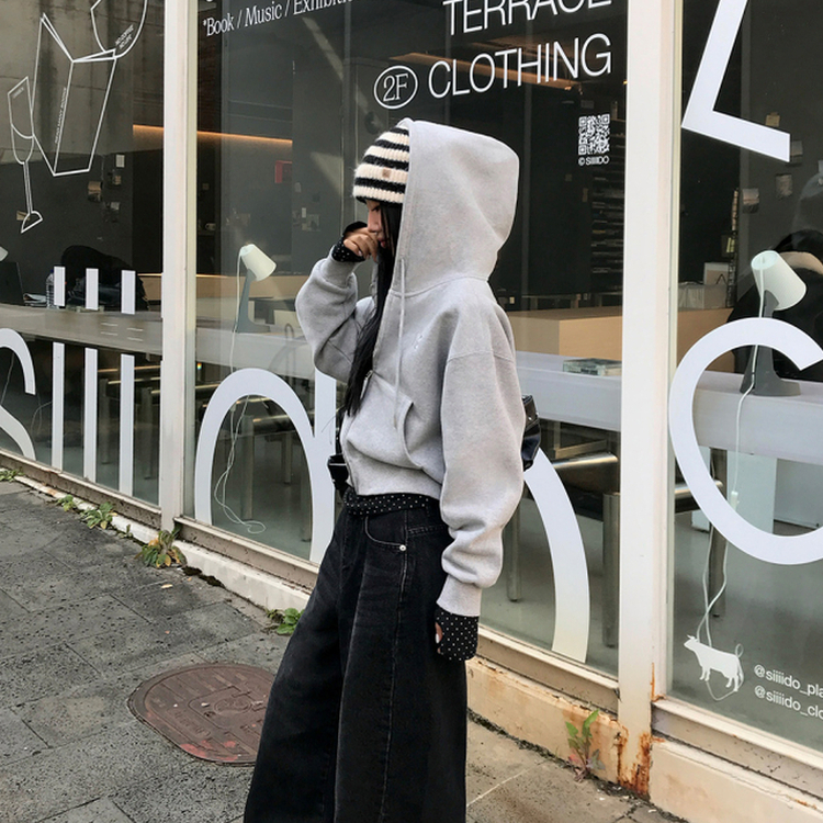 【起毛】クロップフードジップアップ(6color) GREY