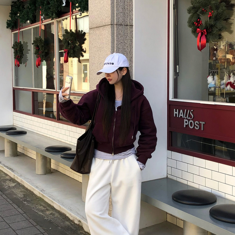 【起毛】クロップフードジップアップ(6color) PURPLE