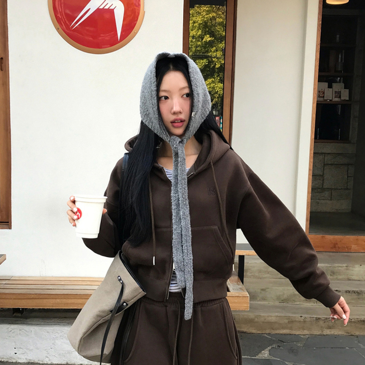 【起毛】クロップフードジップアップ(6color) BROWN