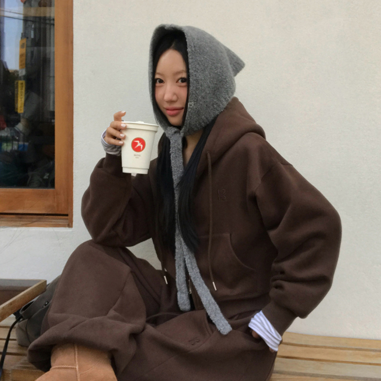 【起毛】クロップフードジップアップ(6color) BROWN