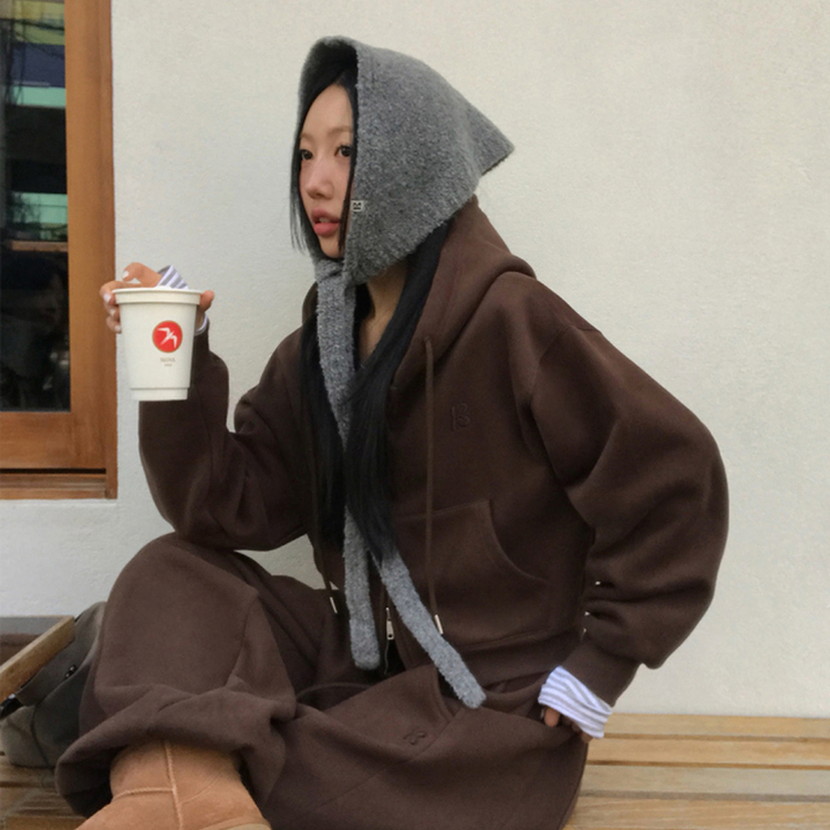 【起毛】クロップフードジップアップ(6color) BROWN