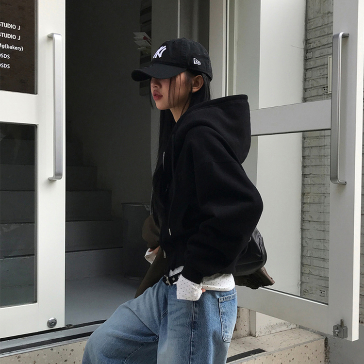 【起毛】クロップフードジップアップ(6color) BLACK