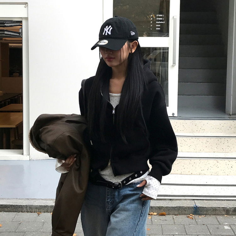 【起毛】クロップフードジップアップ(6color) BLACK