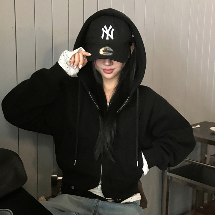 【起毛】クロップフードジップアップ(6color) BLACK