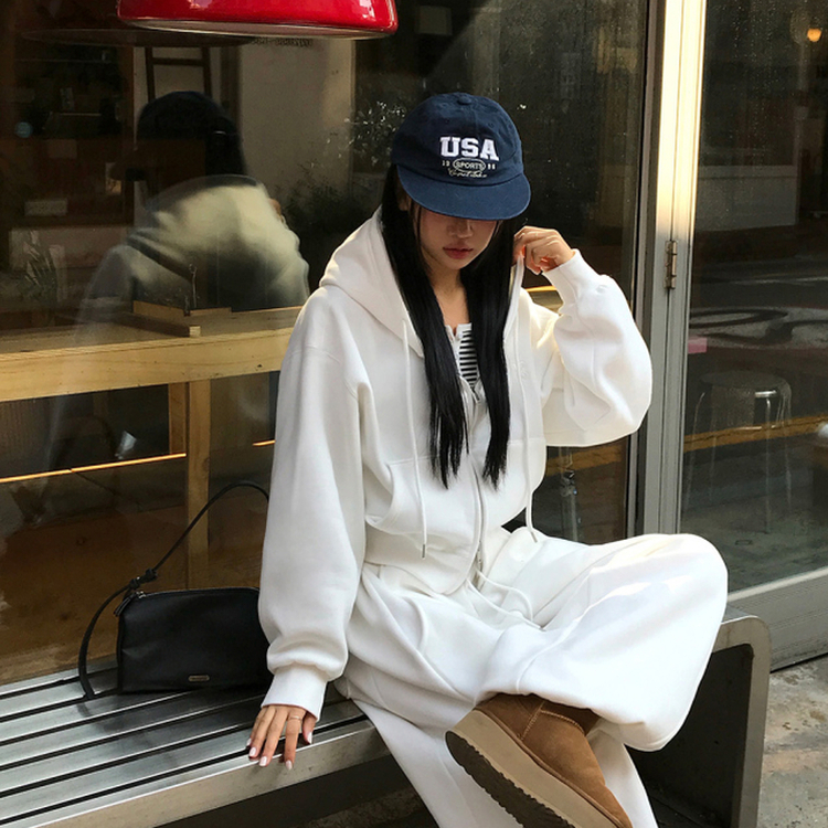 【起毛】クロップフードジップアップ(6color) WHITE