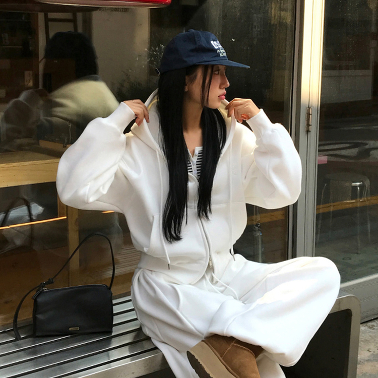 【起毛】クロップフードジップアップ(6color) WHITE