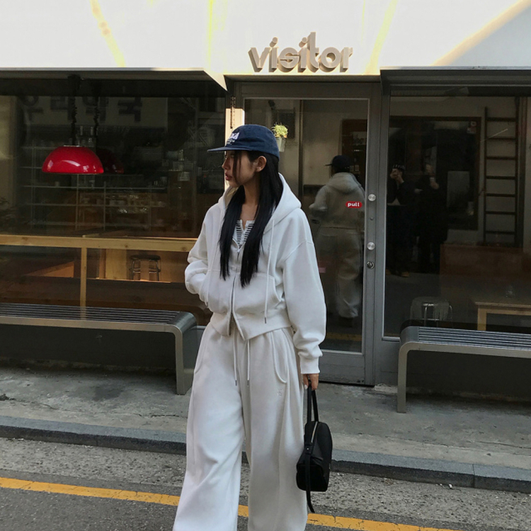 【起毛】クロップフードジップアップ(6color) WHITE