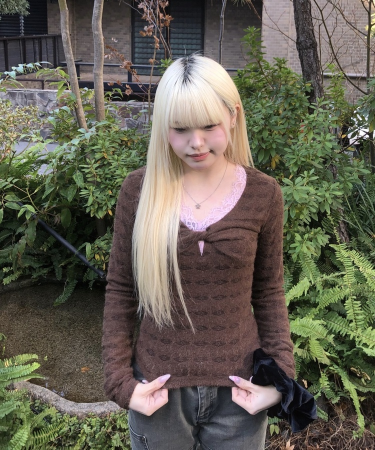 보헤미안 브이넥 긴팔티셔츠 브라운