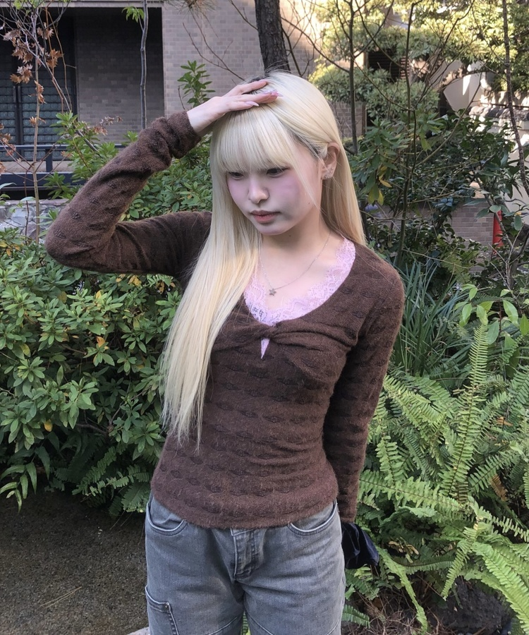 보헤미안 브이넥 긴팔티셔츠 브라운