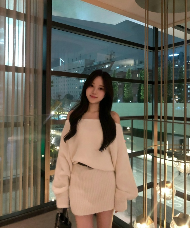 숄더 니트 미니 니트 원피스 벨트포함 아이보리