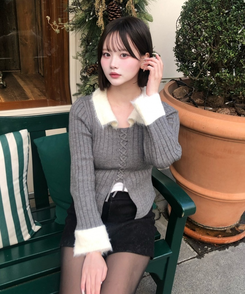 페이크퍼 앙고라 카라 니트 그레이