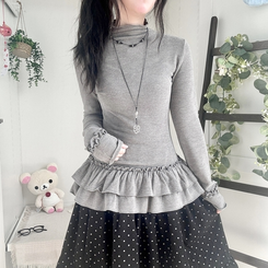 완전 부드러운 낙낙핏 부들부들 레이어드 캉캉 프릴 폴라 긴팔 티셔츠 그레이