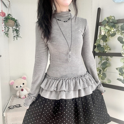 완전 부드러운 낙낙핏 부들부들 레이어드 캉캉 프릴 폴라 긴팔 티셔츠 그레이