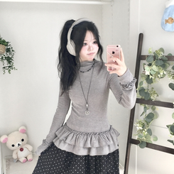 완전 부드러운 낙낙핏 부들부들 레이어드 캉캉 프릴 폴라 긴팔 티셔츠 그레이