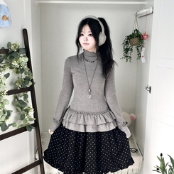 완전 부드러운 낙낙핏 부들부들 레이어드 캉캉 프릴 폴라 긴팔 티셔츠 그레이