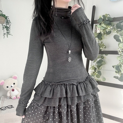 완전 부드러운 낙낙핏 부들부들 레이어드 캉캉 프릴 폴라 긴팔 티셔츠 먹색