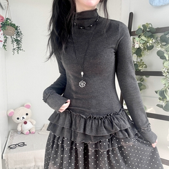 완전 부드러운 낙낙핏 부들부들 레이어드 캉캉 프릴 폴라 긴팔 티셔츠 먹색