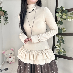 완전 부드러운 낙낙핏 부들부들 레이어드 캉캉 프릴 폴라 긴팔 티셔츠 살구