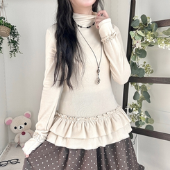 완전 부드러운 낙낙핏 부들부들 레이어드 캉캉 프릴 폴라 긴팔 티셔츠 살구