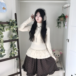 완전 부드러운 낙낙핏 부들부들 레이어드 캉캉 프릴 폴라 긴팔 티셔츠 살구