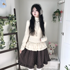 완전 부드러운 낙낙핏 부들부들 레이어드 캉캉 프릴 폴라 긴팔 티셔츠 살구