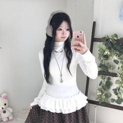 완전 부드러운 낙낙핏 부들부들 레이어드 캉캉 프릴 폴라 긴팔 티셔츠 아이보리