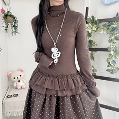 완전 부드러운 낙낙핏 부들부들 레이어드 캉캉 프릴 폴라 긴팔 티셔츠 밤색