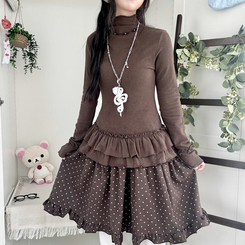 완전 부드러운 낙낙핏 부들부들 레이어드 캉캉 프릴 폴라 긴팔 티셔츠 밤색