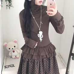 완전 부드러운 낙낙핏 부들부들 레이어드 캉캉 프릴 폴라 긴팔 티셔츠 밤색