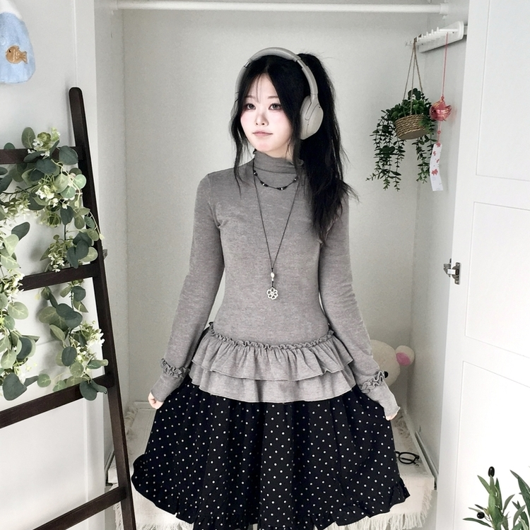 완전 부드러운 낙낙핏 부들부들 레이어드 캉캉 프릴 폴라 긴팔 티셔츠 그레이