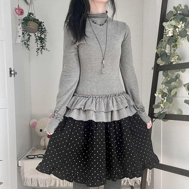 완전 부드러운 낙낙핏 부들부들 레이어드 캉캉 프릴 폴라 긴팔 티셔츠 그레이