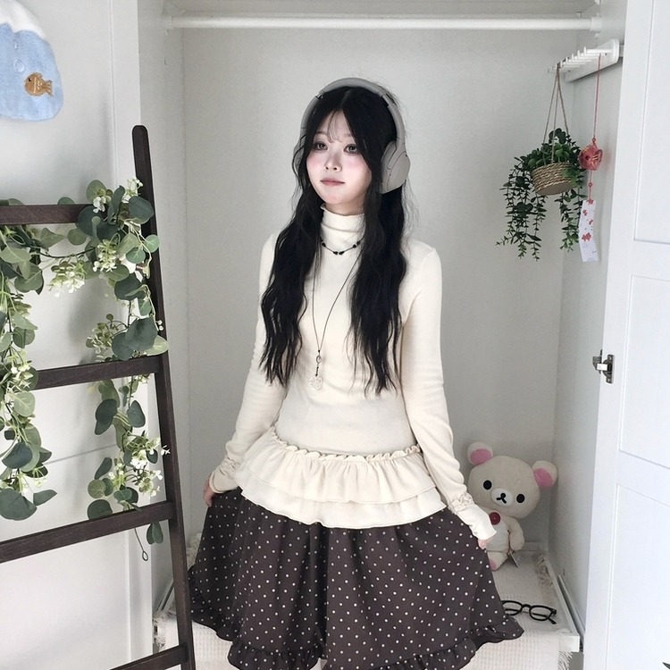 완전 부드러운 낙낙핏 부들부들 레이어드 캉캉 프릴 폴라 긴팔 티셔츠 살구