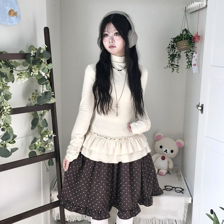 완전 부드러운 낙낙핏 부들부들 레이어드 캉캉 프릴 폴라 긴팔 티셔츠 살구