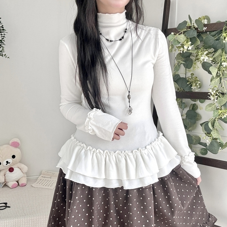 완전 부드러운 낙낙핏 부들부들 레이어드 캉캉 프릴 폴라 긴팔 티셔츠 아이보리