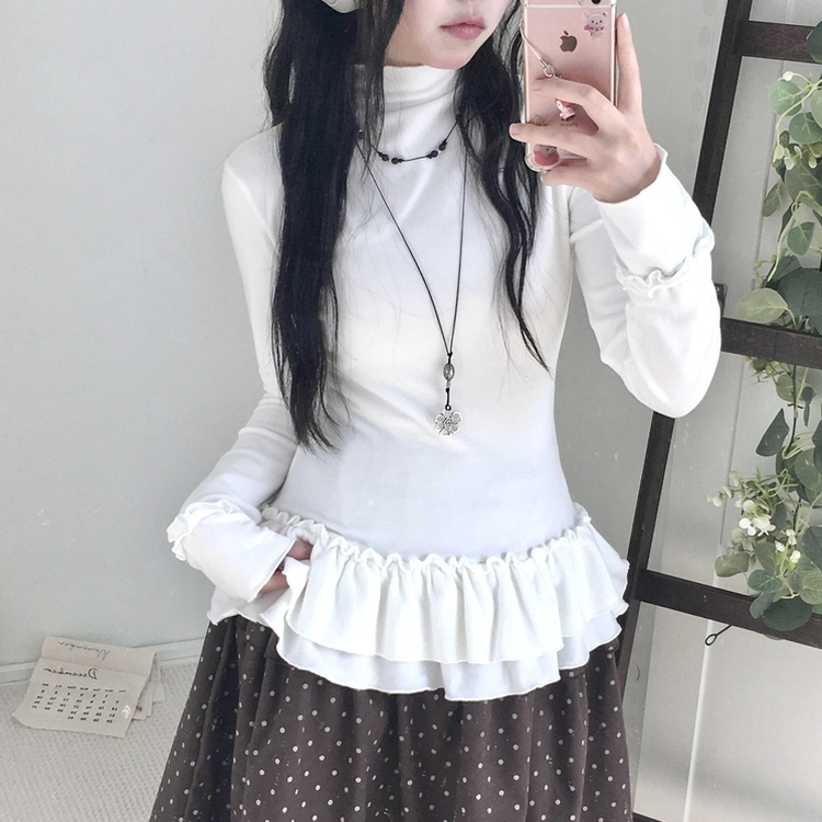 완전 부드러운 낙낙핏 부들부들 레이어드 캉캉 프릴 폴라 긴팔 티셔츠 아이보리