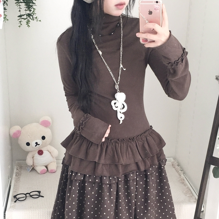 완전 부드러운 낙낙핏 부들부들 레이어드 캉캉 프릴 폴라 긴팔 티셔츠 밤색