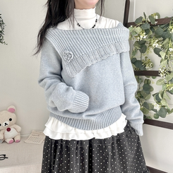 울6 폼폼 플라워 빈티지 레이어드 오프숄더 언발 오버핏 니트  소라