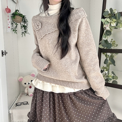 울6 폼폼 플라워 빈티지 레이어드 오프숄더 언발 오버핏 니트  베이지