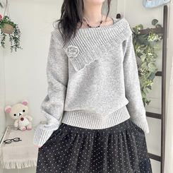 울6 폼폼 플라워 빈티지 레이어드 오프숄더 언발 오버핏 니트  그레이