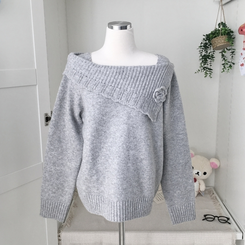 울6 폼폼 플라워 빈티지 레이어드 오프숄더 언발 오버핏 니트