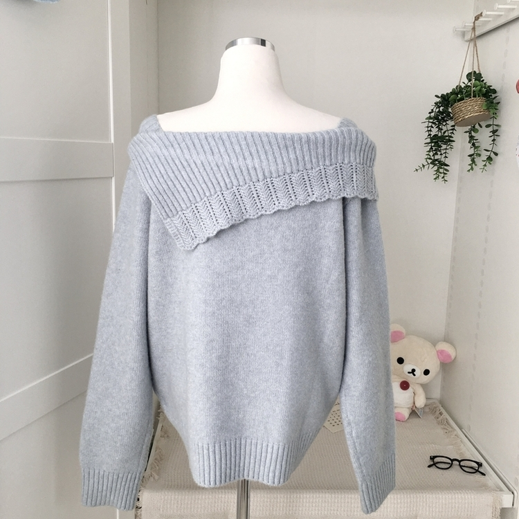 울6 폼폼 플라워 빈티지 레이어드 오프숄더 언발 오버핏 니트