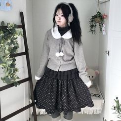 쿠키 빈티지 윈터 미디 모리걸 도트 프릴캉캉 밴딩 미디스커트 차콜