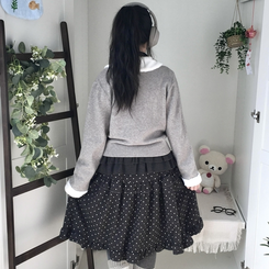 쿠키 빈티지 윈터 미디 모리걸 도트 프릴캉캉 밴딩 미디스커트 차콜