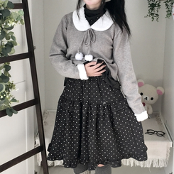 쿠키 빈티지 윈터 미디 모리걸 도트 프릴캉캉 밴딩 미디스커트 차콜