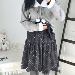 쿠키 빈티지 윈터 미디 모리걸 도트 프릴캉캉 밴딩 미디스커트 차콜