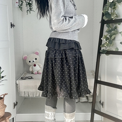 쿠키 빈티지 윈터 미디 모리걸 도트 프릴캉캉 밴딩 미디스커트 차콜