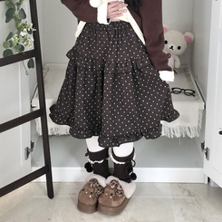 쿠키 빈티지 윈터 미디 모리걸 도트 프릴캉캉 밴딩 미디스커트 브라운